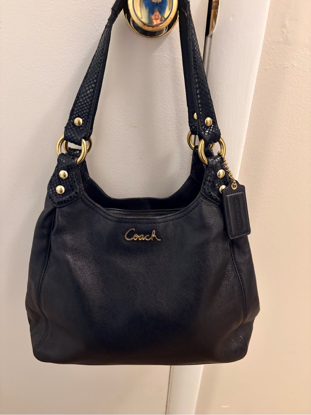 Coach Ashley Black Leather Hobo Bag F21926 Snakeskin Embossed Strap Shoulder